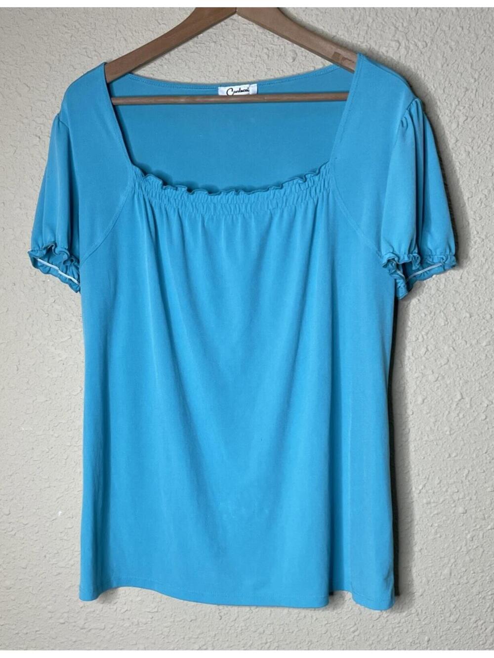 Carducci 90s Y2K turquoise Ruff Hewn blouse Size XL Smocked Square Neckline Top